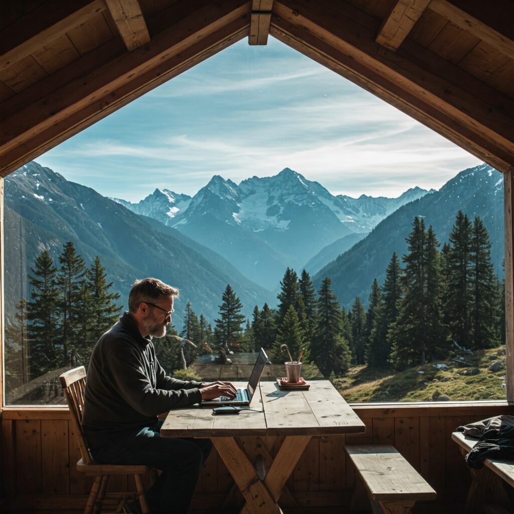 a man working at his computer in a cabin on the mountain